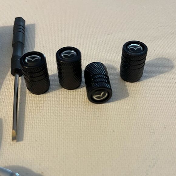 Mazda key fob Keychain in black leather and Valve stem caps in Black NWT - Picture 3 of 6